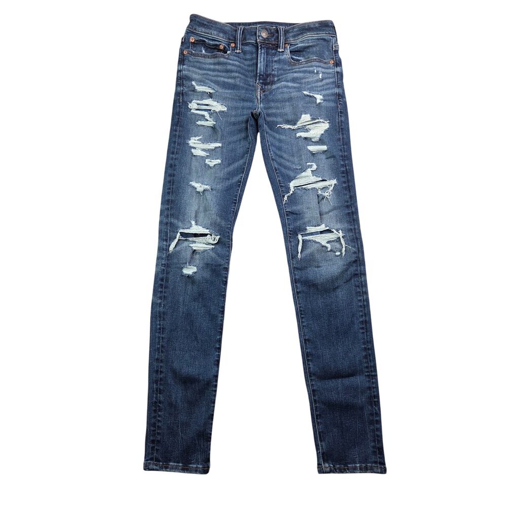 American Eagle Men's Jeans 28x32 Airflex+ Skinny Blue Destroyed Grunge Stretch